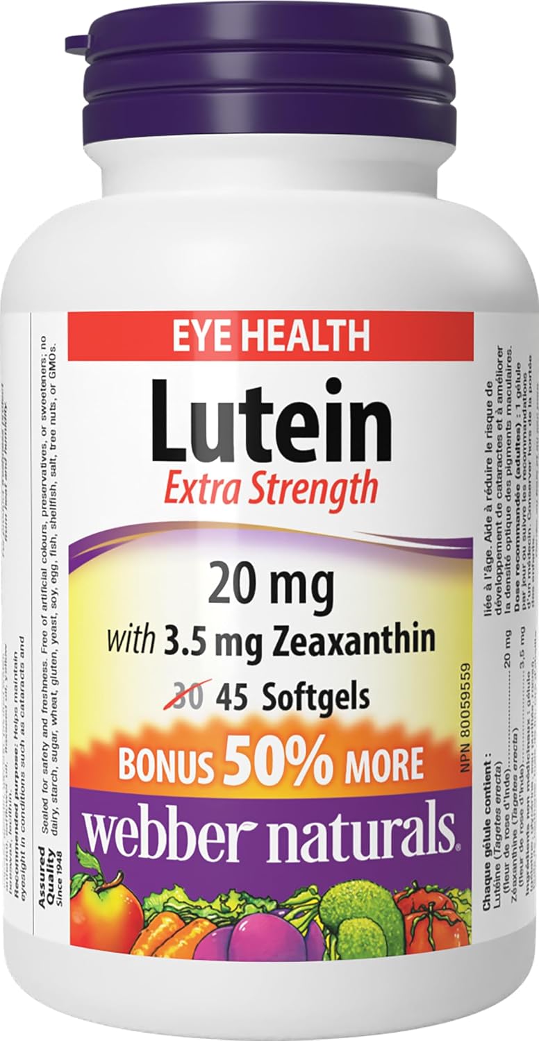 Webber Naturals Luteína Extra Fuerte con Zeaxantina, 20 mg, 30 Cápsulas Blandas