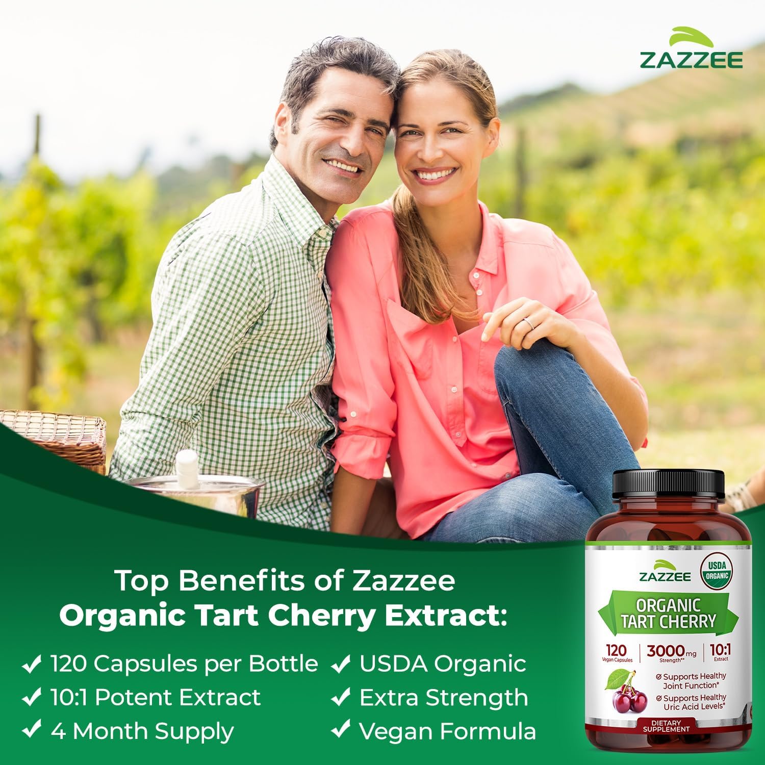 Zazzee Extracto Orgánico de Cereza Ácida 10:1 - 120 Cápsulas Veganas (4 Meses de Suministro)