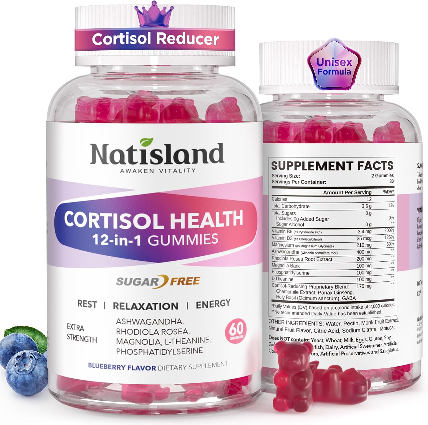 NATISLAND Cortisol Gummies 12-en-1 – Reduce Cortisol con Magnesio, Ashwagandha, L-Teanina, Vitamina B6 y D3, Sin Azúcar, Vegano, 60 Gomitas