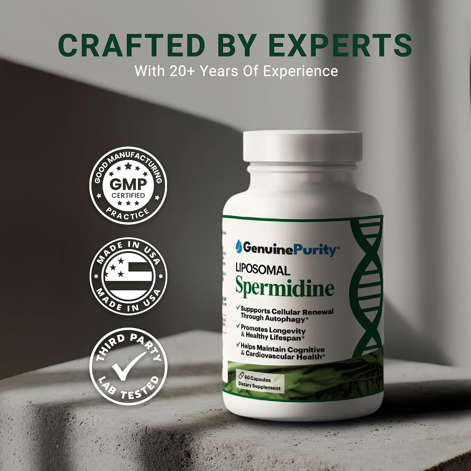GenuinePurity Espermidina Liposomal 8 mg - 60 Cápsulas - Extracto de Germen de Trigo - Vegano, Sin Gluten, No-GMO