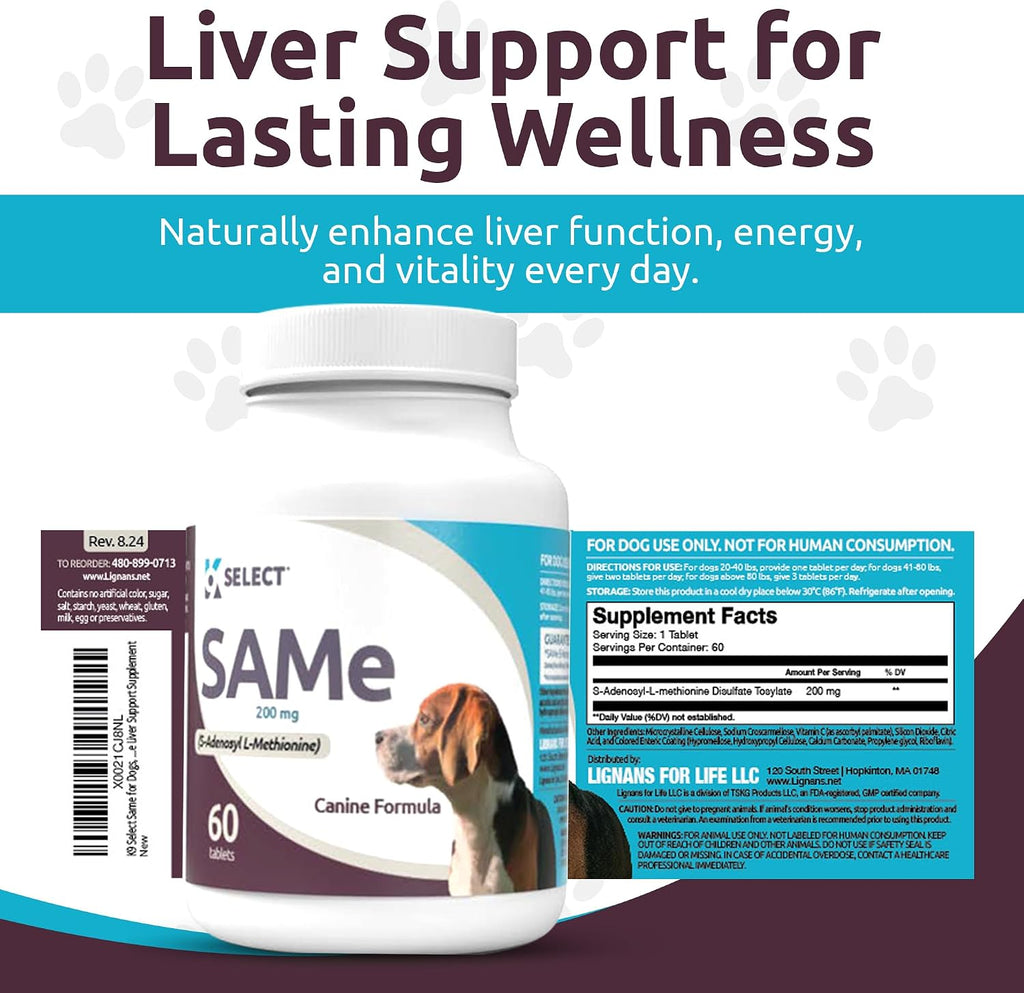 SAM-e para perros adultos medianos y grandes, 60 comprimidos, 200 mg de S-Adenosil-L-Metionina Activa