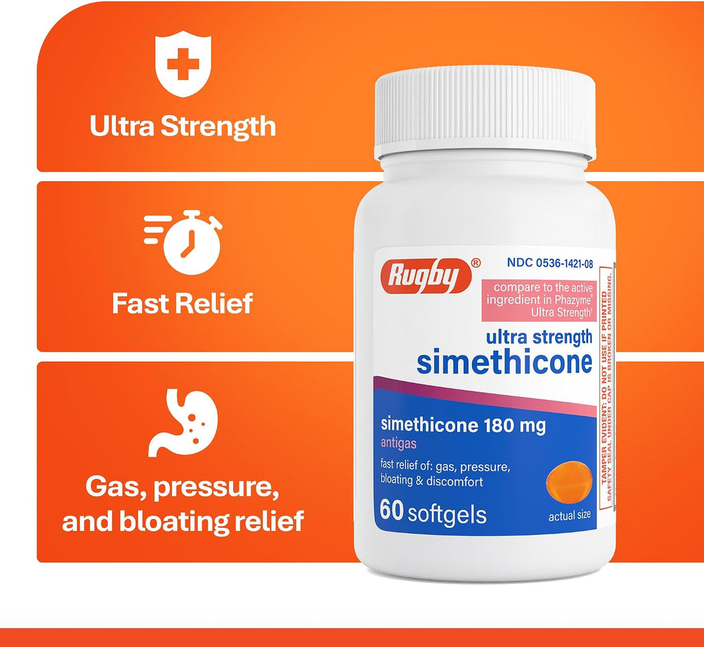 Rugby Ultra Strength Simeticona 180 mg - Alivio de Gases para Adultos - 60 Cápsulas Blandas