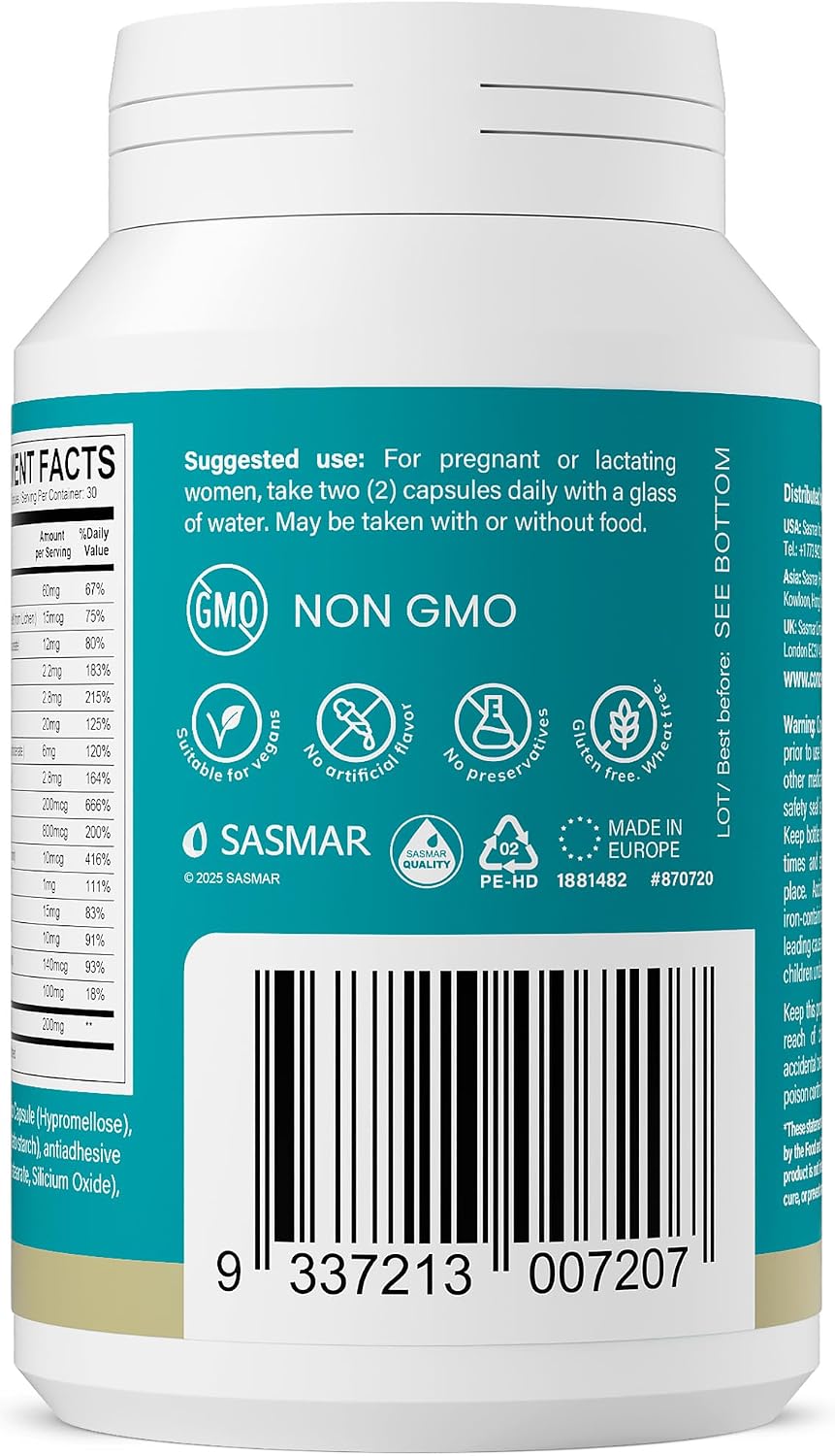 Conceive Plus Vitaminas Prenatales con Ácido Fólico, DHA y Colina - 60 Cápsulas Veganas