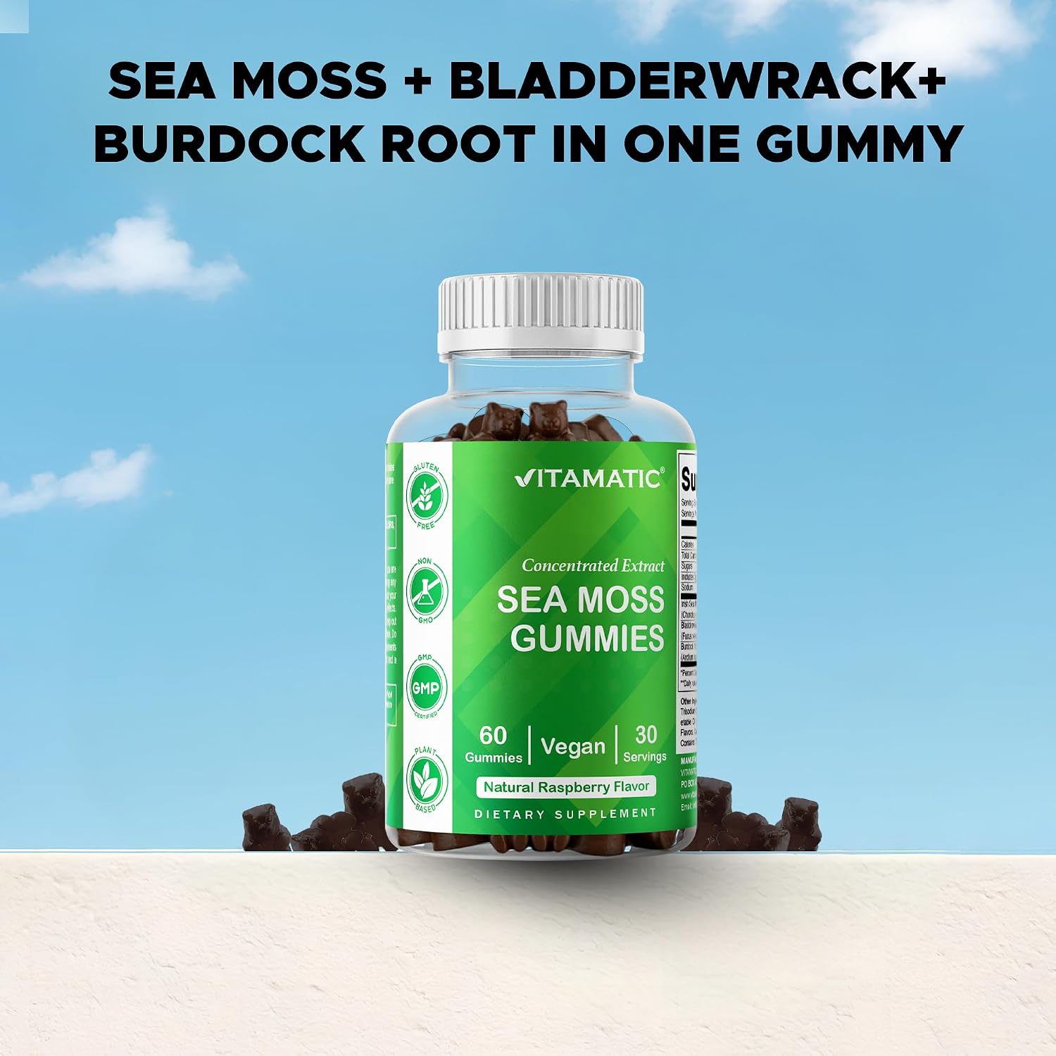 Gominolas de Irish Sea Moss con Fucus y Raíz de Bardana - Vitamatic - 180 Gominolas (3 Envases de 60)