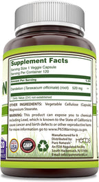 Pure Naturals Raíz de Diente de León 520 mg por ración, 120 cápsulas veganas | Non-GMO | Sin gluten | Fabricado en EE.UU.