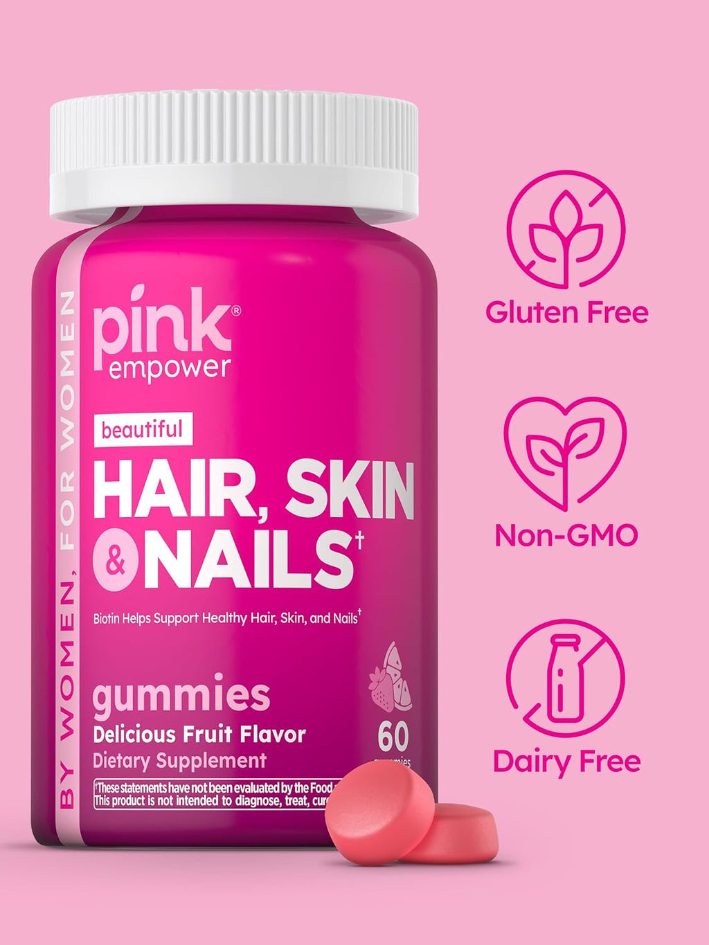 PINK Hair Skin Nails Gummies con 2.500 mcg de Biotina, 60 Gominolas