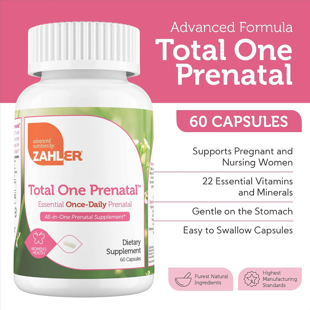 Zahler Total One - Vitaminas Prenatales (60 Cápsulas) - Multivitamínico diario con ácido fólico, hierro, zinc y 19 vitaminas y minerales esenciales - Suplemento prenatal kosher
