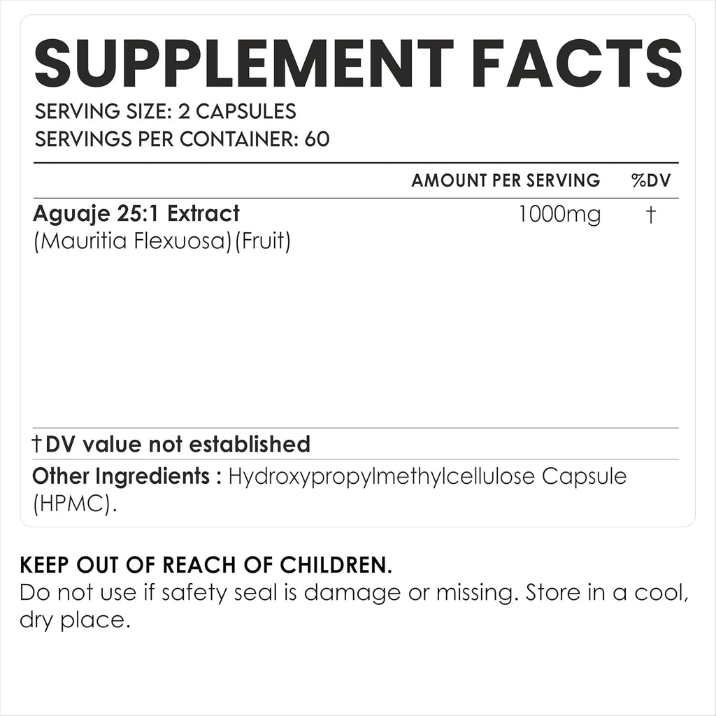 Amalth Aguaje Curves Cápsulas para Mujer 1000 mg - Extracto de Aguaje de Perú - 120 Cápsulas - Suplemento Natural No-GMO