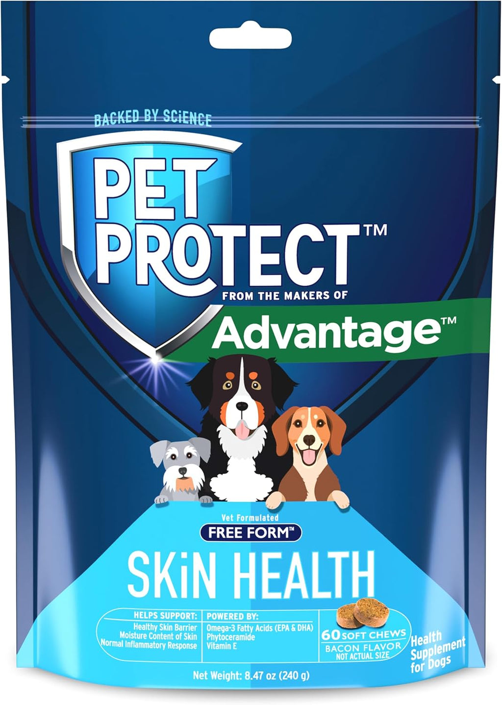 Pet Protect Suplemento para la Piel de Perros, Mezcla Patentada Free Form, Masticables Sabor Bacon (60 unidades)