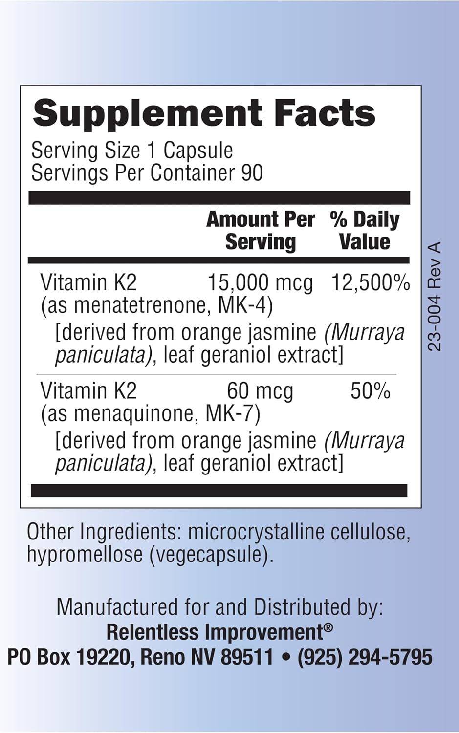 Vitamina K2 MK4 + MK7 Alta Potencia (15000 mcg MK-4 + 60 mcg MK-7) - 90 Cápsulas Vegetales