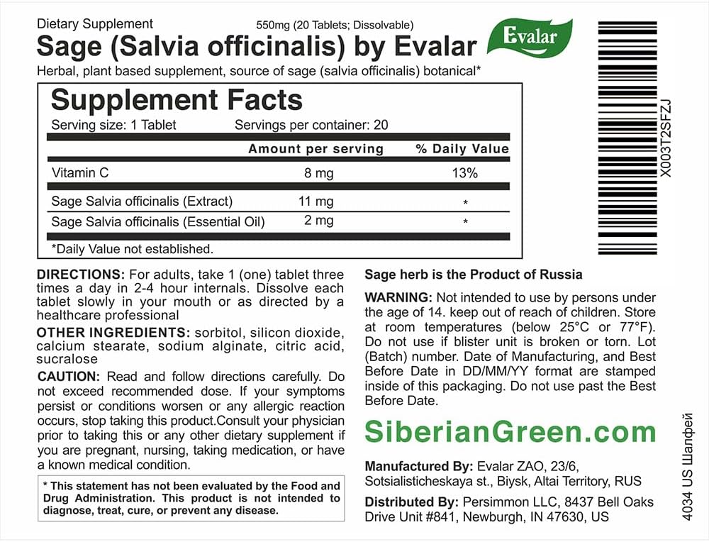 Evalar Salvia officinalis Comprimidos Disolubles 20 unidades