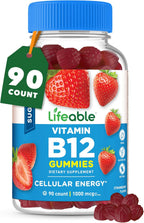 Lifeable Gominolas de Vitamina B12 Sin Azúcar | 1000 mcg | Sabor Fresa | Apoyo Energía y Metabolismo | 90 Gominolas