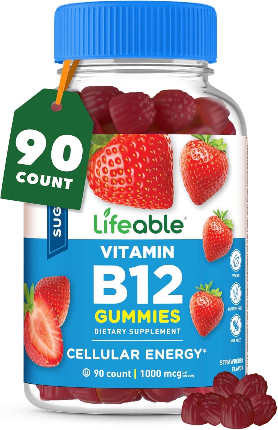 Lifeable Gominolas de Vitamina B12 Sin Azúcar | 1000 mcg | Sabor Fresa | Apoyo Energía y Metabolismo | 90 Gominolas