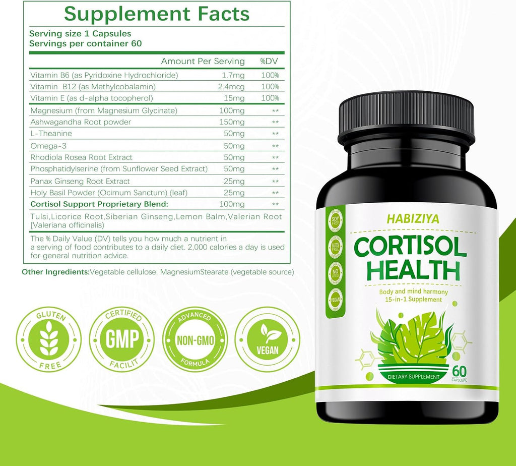 Suplemento de Control de Cortisol 15 en 1 con Magnesio Glicinato, L-Teanina, Ashwagandha y Rhodiola Rosea – 60 Cápsulas