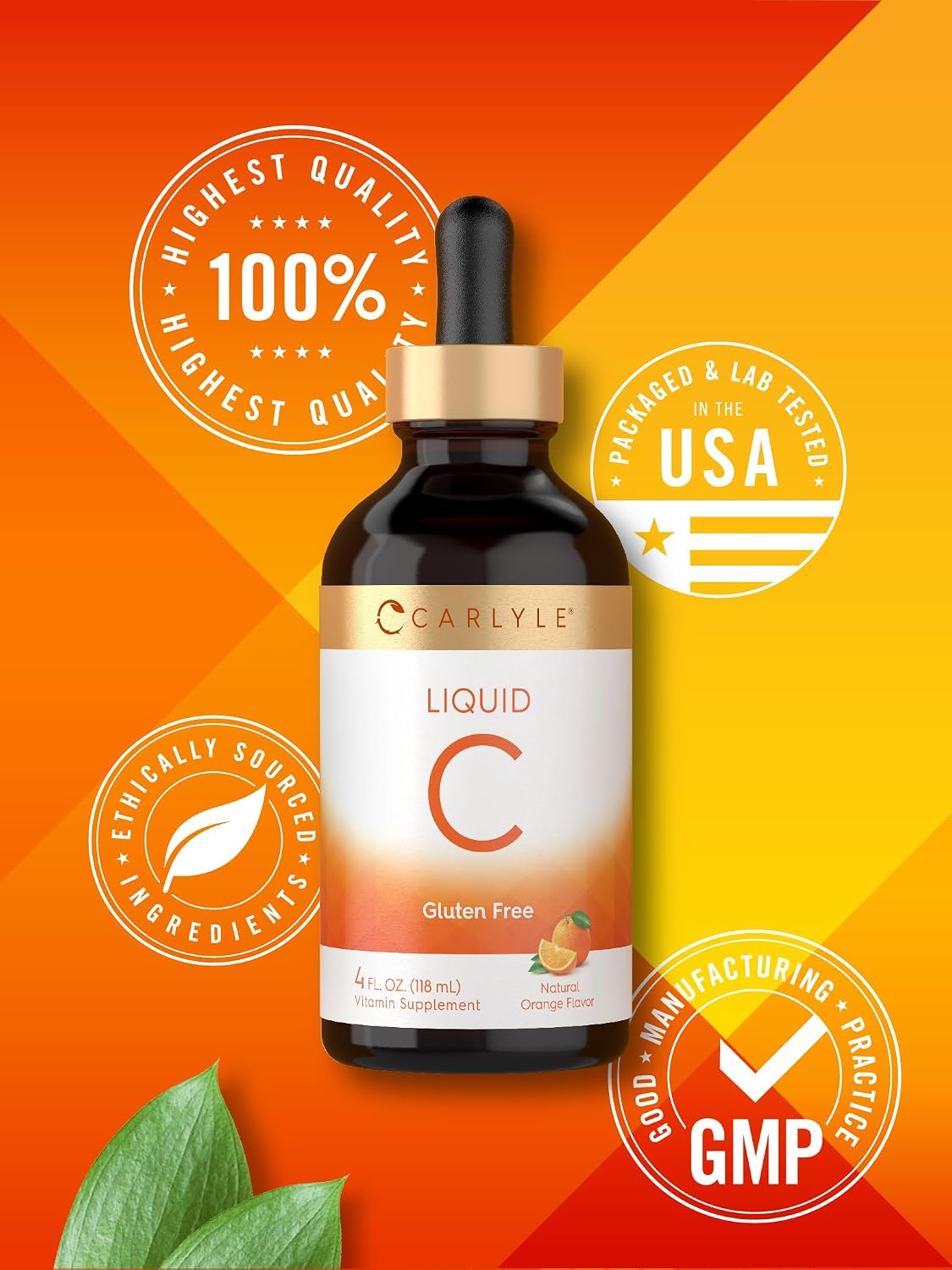 Carlyle Vitamina C Gotas Líquidas | 118 ml | Ácido Ascórbico y Ascorbato Sódico | Sabor Naranja | Vegano, Sin Gluten, Sin OMG