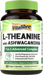 Vitalibre L-Teanina 200mg 7 en 1 con Magnesio Glicinato, Ashwagandha, Inositol y Vitaminas B1, B2, B6 - Apoyo para la Calma, Relax, Sueño y Concentración - 120 Cápsulas Veganas