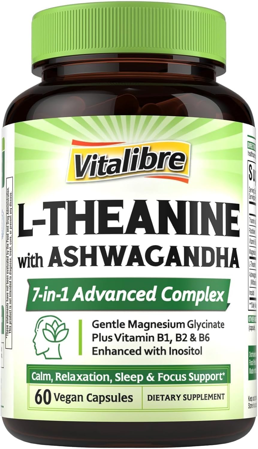 Vitalibre L-Teanina 200mg 7 en 1 con Magnesio Glicinato, Ashwagandha, Inositol y Vitaminas B1, B2, B6 - Apoyo para la Calma, Relax, Sueño y Concentración - 120 Cápsulas Veganas