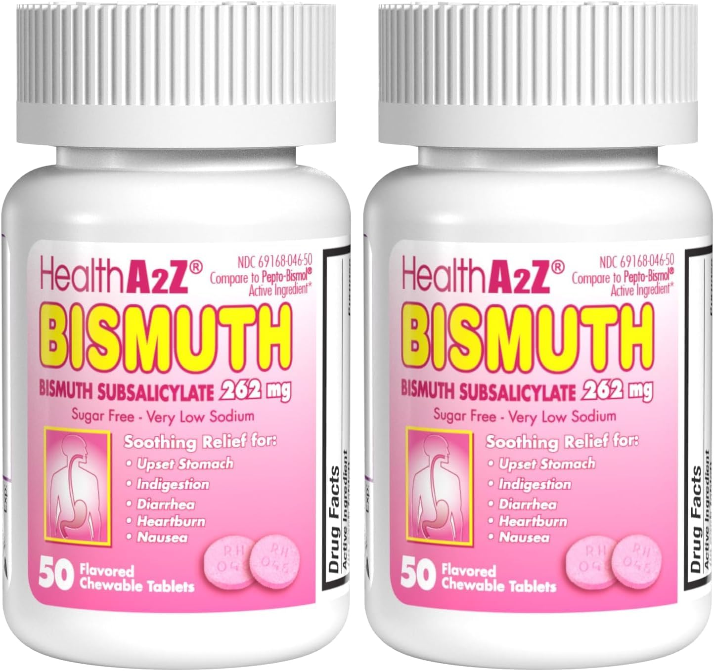 HealthA2Z® Bismuto | Subsalicilato de Bismuto 262 mg | Alivio Multisintomático | 50 Comprimidos Masticables