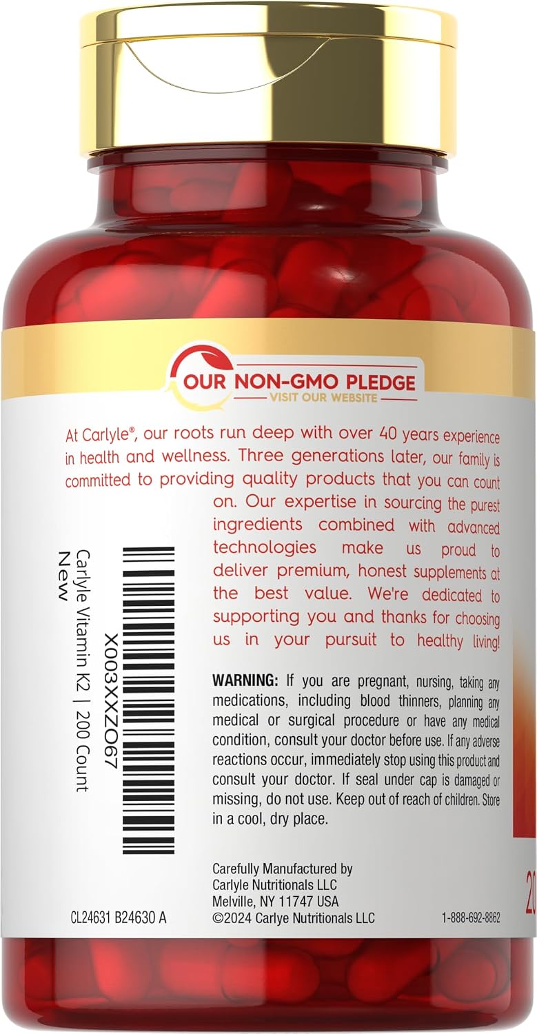 Carlyle MK-7 Vitamina K2 100 mcg | 200 Cápsulas | Suplemento Vegano, No GMO y Sin Gluten