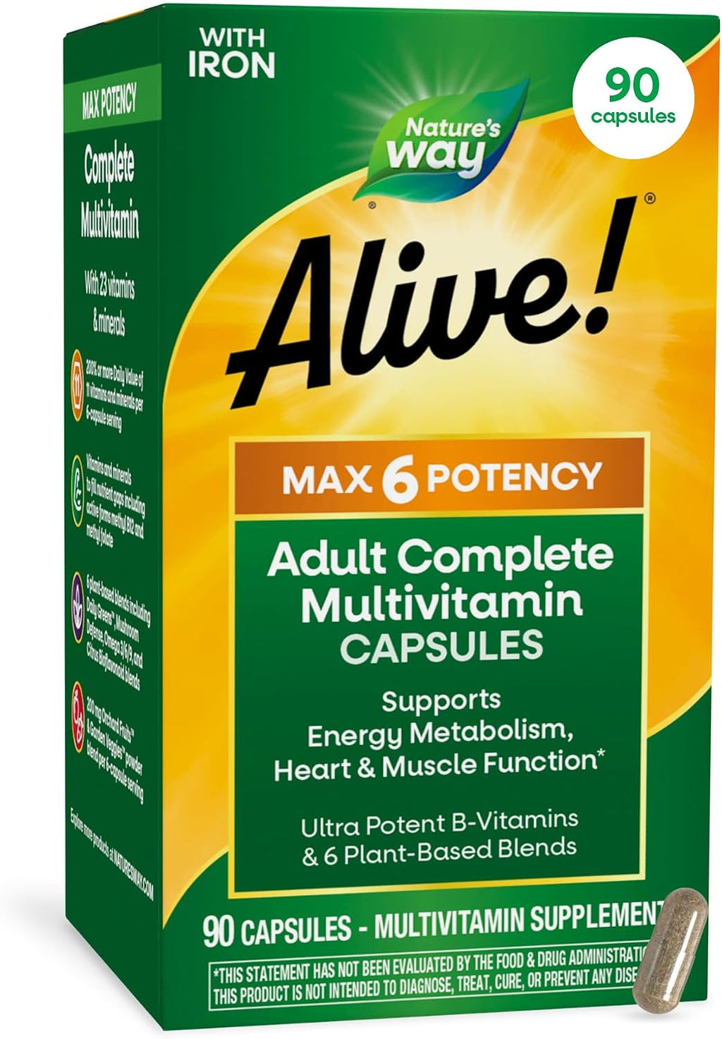 Nature's Way Alive! Max6 Potency Multivitamínico Completo para Adultos con Hierro, 90 Cápsulas