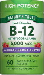 Nature's Truth Vitamina B12 5000 mcg Metilcobalamina - 60 Tabletas de Disolución Rápida Sabor Bayas - Vegano, Sin Gluten
