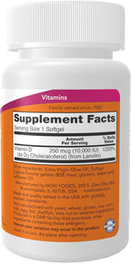 NOW Foods Vitamina D-3 10.000 IU, 240 Cápsulas Blandas