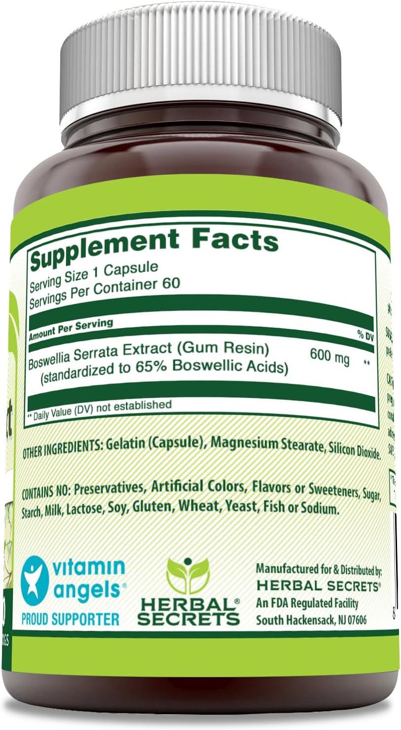 Herbal Secrets Extracto de Boswellia Serrata | 65% Ácidos Boswélicos | 600 mg por Servicio | 60 Cápsulas | Sin OGM | Sin Gluten