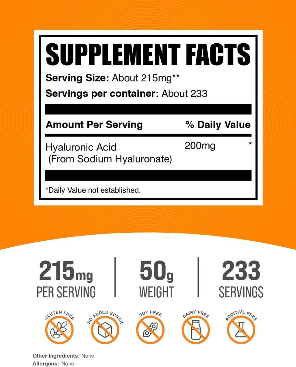 BulkSupplements Ácido Hialurónico en Polvo (Sodio Hialuronato) - 215mg por Ración, 50g