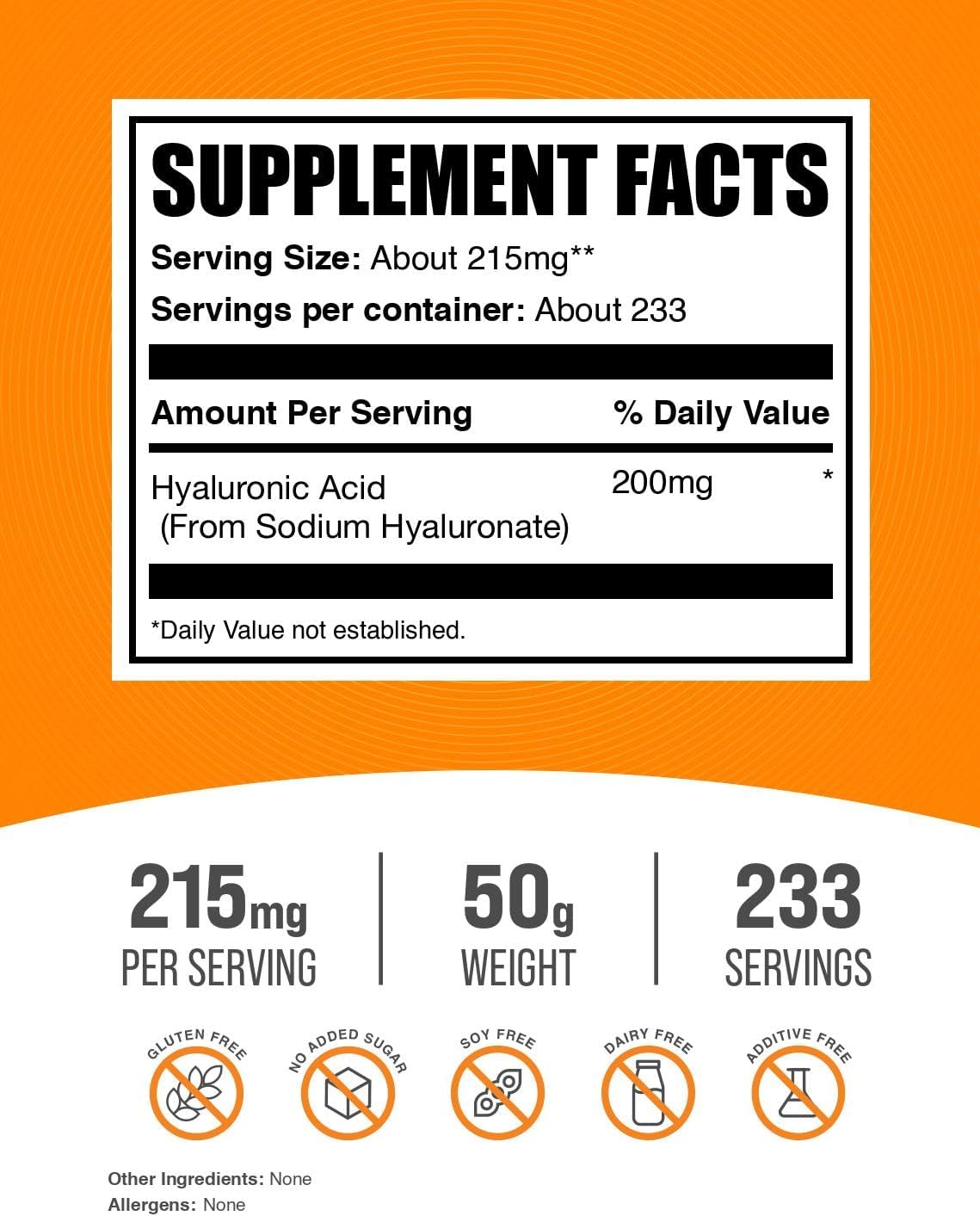 BulkSupplements Ácido Hialurónico en Polvo (Sodio Hialuronato) - 215mg por Ración, 50g