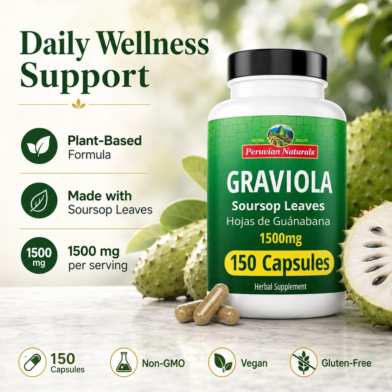 Graviola Soursop Cápsulas de 1500 mg, 150 Unidades – Peruvian Naturals