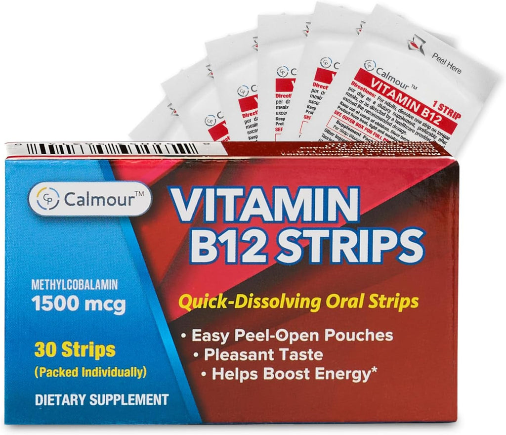 CALMOUR Vitamina B12 en Tiras 1500 mcg - Metilcobalamina - 10 unidades - Sabor Menta - Vegano y Sin Gluten