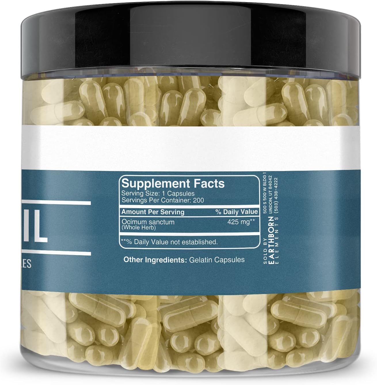 Earthborn Elements Albahaca Sagrada 200 Cápsulas, Pura y sin Diluir