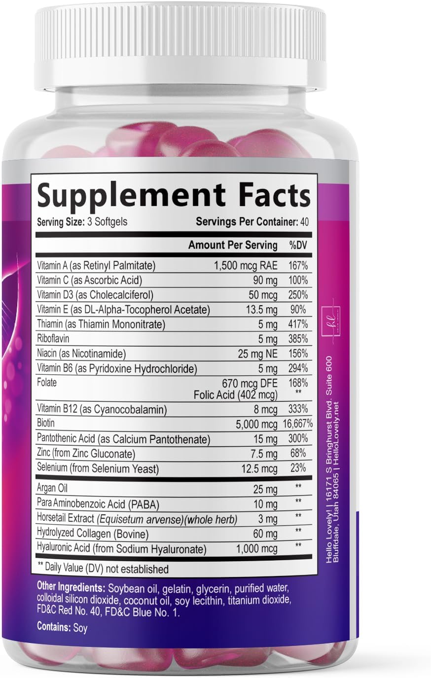 Vitaminas para el Cabello con Biotina, Colágeno y Ácido Hialurónico - 120 Cápsulas Blandas