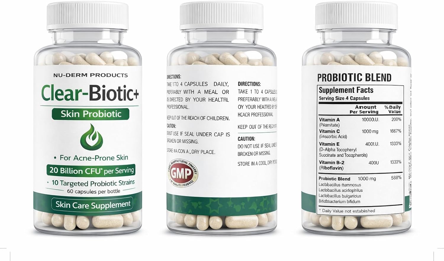 Clear-Biotic Acné Píldoras Probióticas con Vitaminas A, C, E, B2 - 60 Cápsulas