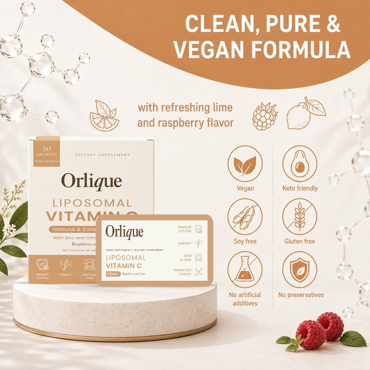 Orlique Vitamina C Liposomal 1000 mg con Zinc y Bioflavonoides | Sabor Lima y Frambuesa | 30 Sobres
