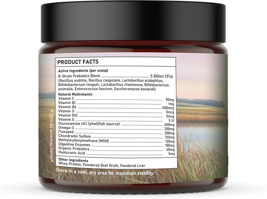 All American Canine Multivitamin Powder - Glucosamina y Condroitina para Articulaciones, Enzimas Digestivas y Probióticos, Sabor a Carne de Res, 90 Servicios