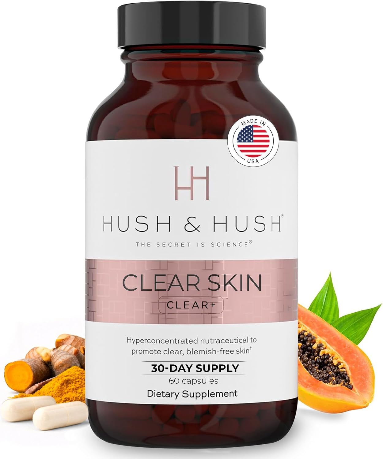 Hush & Hush Suplemento para el Acné – 60 Cápsulas – Fórmula Vegana con Vitamina A, Zinc y Cúrcuma