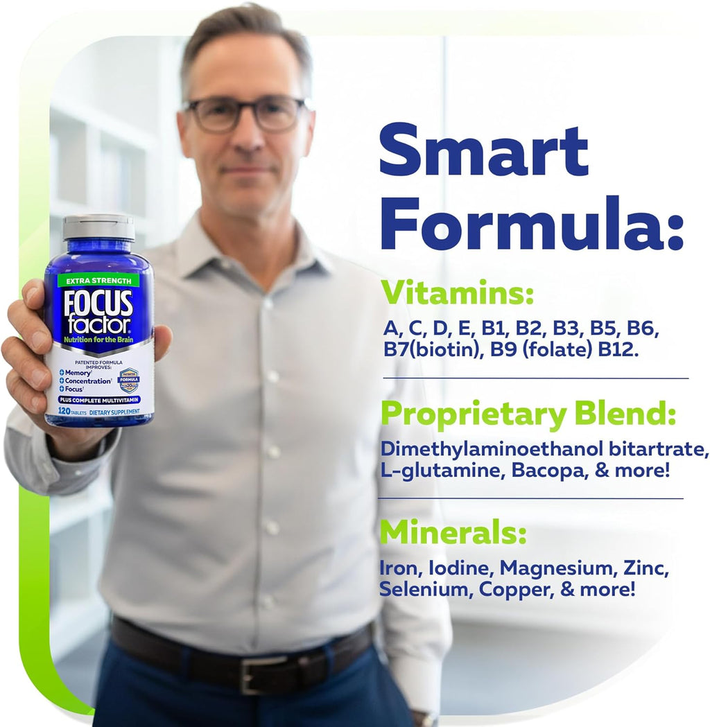 Focus Factor Adults Extra Strength, 120 Comprimidos - Suplemento para la Memoria, Concentración y Enfoque - Multivitamínico Completo con DMAE, Vitamina D, DHA