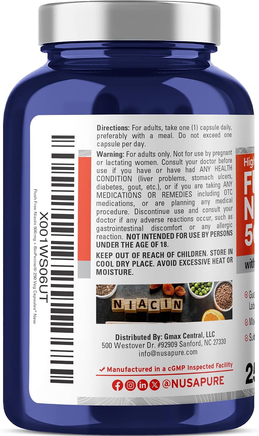 NusaPure Niacina Sin Enrojecimiento (Flush-Free) - 500 mg, 250 Cápsulas Veganas