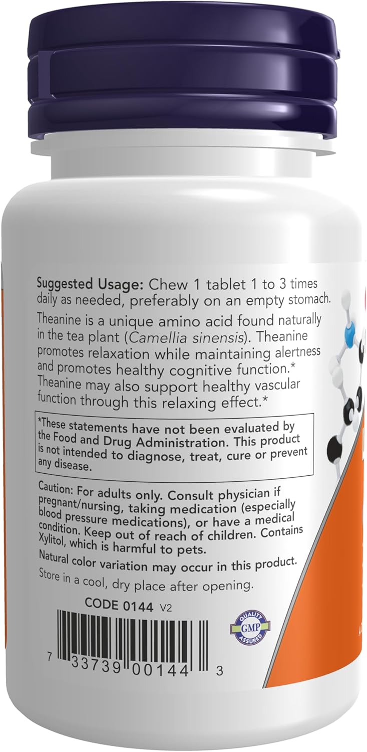 NOW Foods, L-Teanina 100 mg con Inositol y Taurina, 90 Comprimidos Masticables