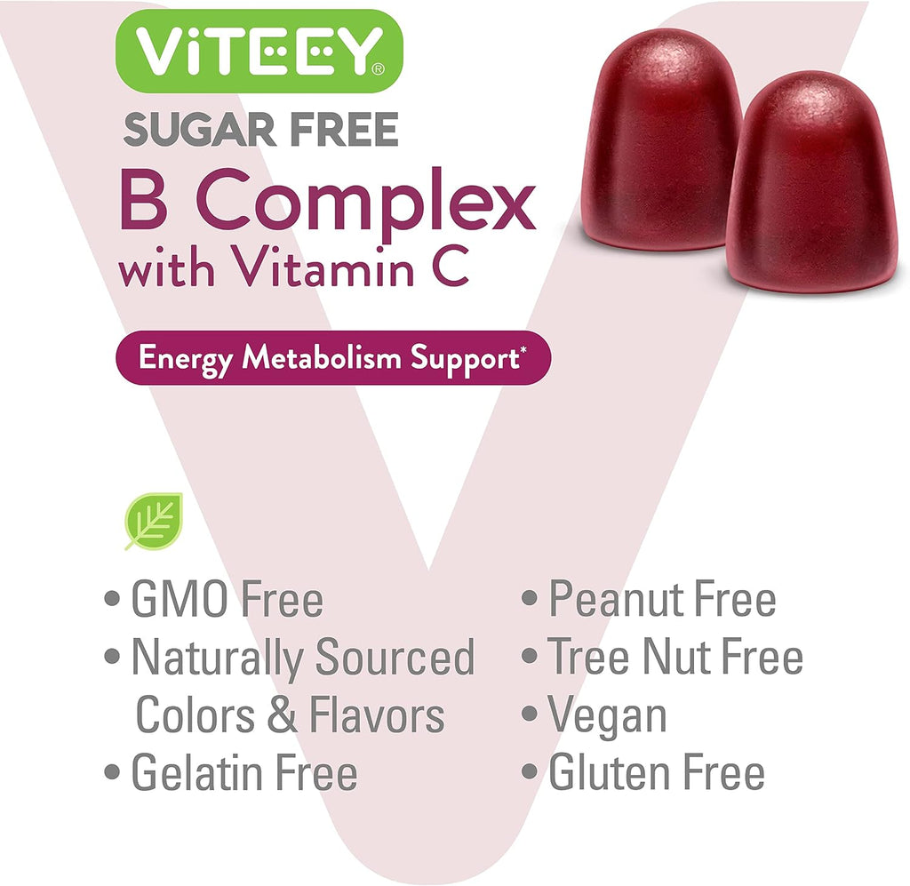 Viteey Gomitas de Complejo B con Vitamina C, Sin Azúcar | Energía, Metabolismo y Salud Nerviosa - B6, B12, Ácido Fólico, Biotina - Vegano, Sin Gelatina, Sin OMG - Sabor Fresa