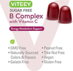 Viteey Gomitas de Complejo B con Vitamina C, Sin Azúcar | Energía, Metabolismo y Salud Nerviosa - B6, B12, Ácido Fólico, Biotina - Vegano, Sin Gelatina, Sin OMG - Sabor Fresa