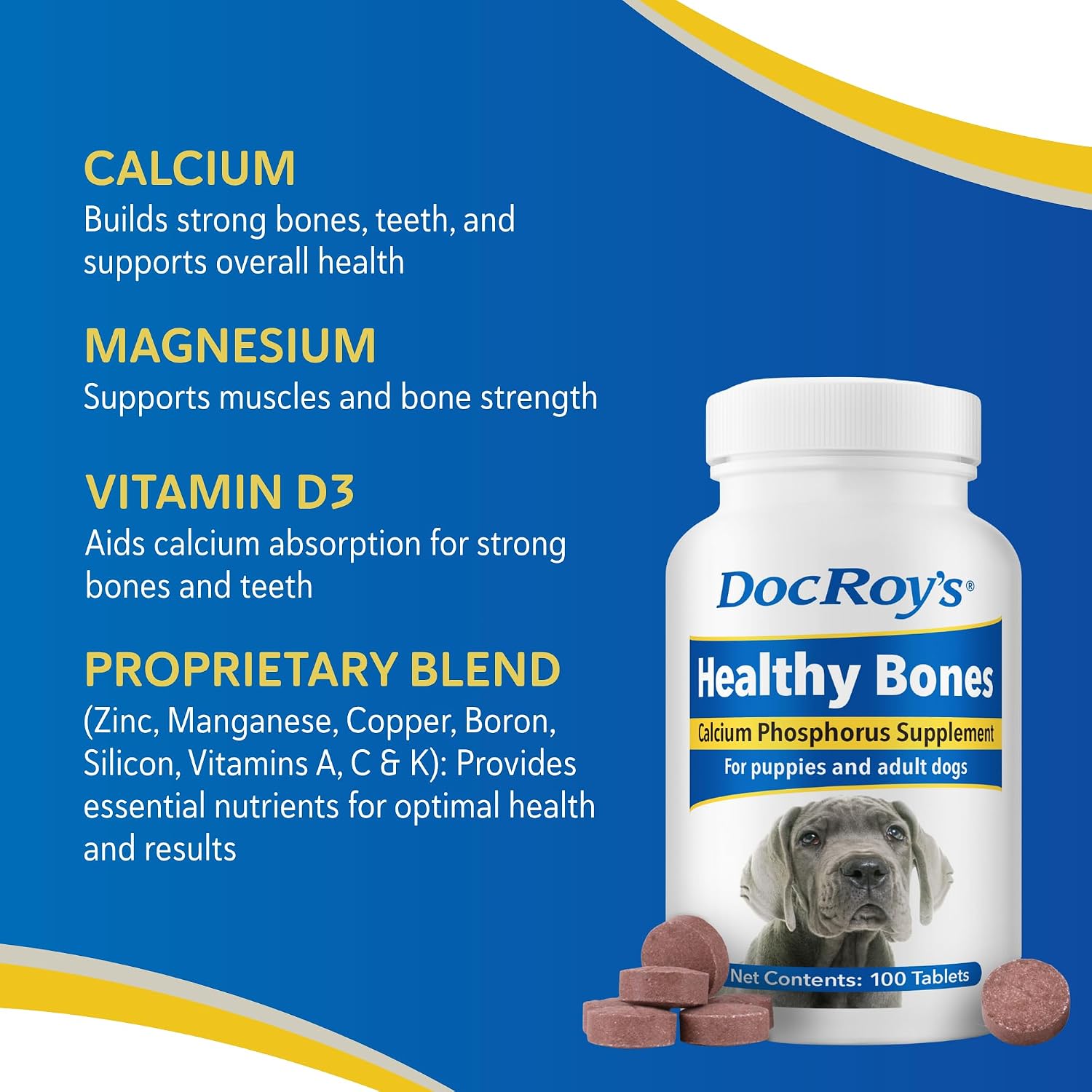 Doc Roy’s Healthy Bones Suplemento de Calcio y Fósforo para Cachorros, Perros, Gatos y Hembras Lactantes – 100 Comprimidos Masticables Sabor Roast Beef e Hígado
