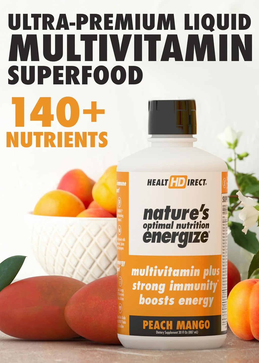 HEALTH DIRECT - Nature's Optimal Nutrition Energize Líquido Multivitamínico Superfood - 140+ Nutrientes - Claridad Mental y Energía - Apoyo Inmunológico y Cardiovascular – 30 Dosis – Melocotón Mango
