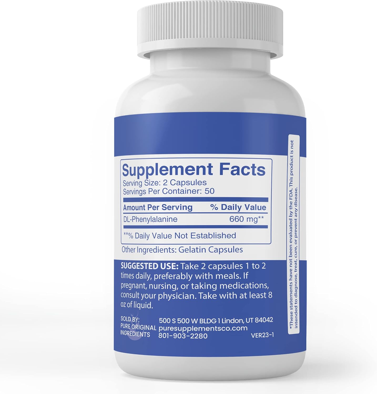Pure Original Ingredients DLPA DL-Fenilalanina, 100 Cápsulas, Puro Sin Aditivos