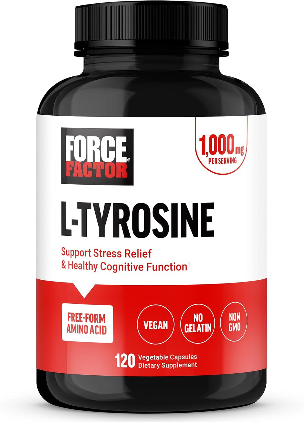 Force Factor L-Tirosina 500 mg, 120 Cápsulas – Suplemento de Aminoácido en Forma Libre
