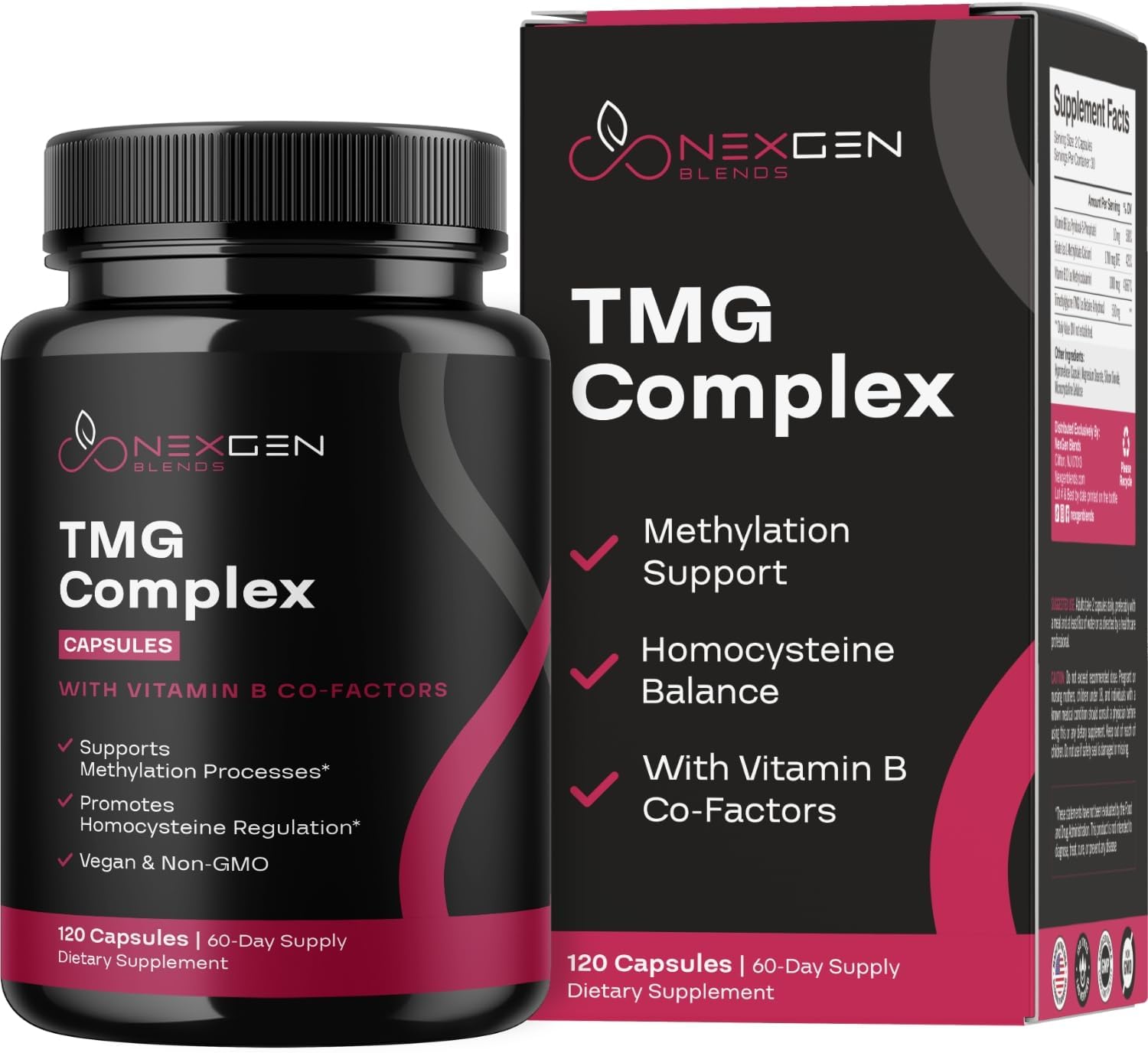 TMG Trimethylglycine con Complejo B Metilado - Suplemento de Betaina 500mg con Vitaminas B Metiladas para Apoyo a la Metilación - Vegano y No-GMO (1 Mes)