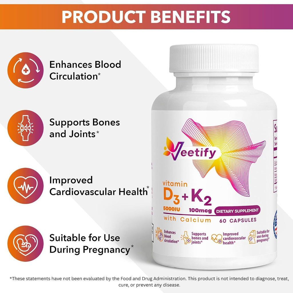 Vitamina D3 (5000 UI) + K2 (100 mcg como MK-7) con Calcio – Suplemento de Alta Absorción para la Salud Ósea, Cardíaca e Inmune – 60 Cápsulas Vegetales