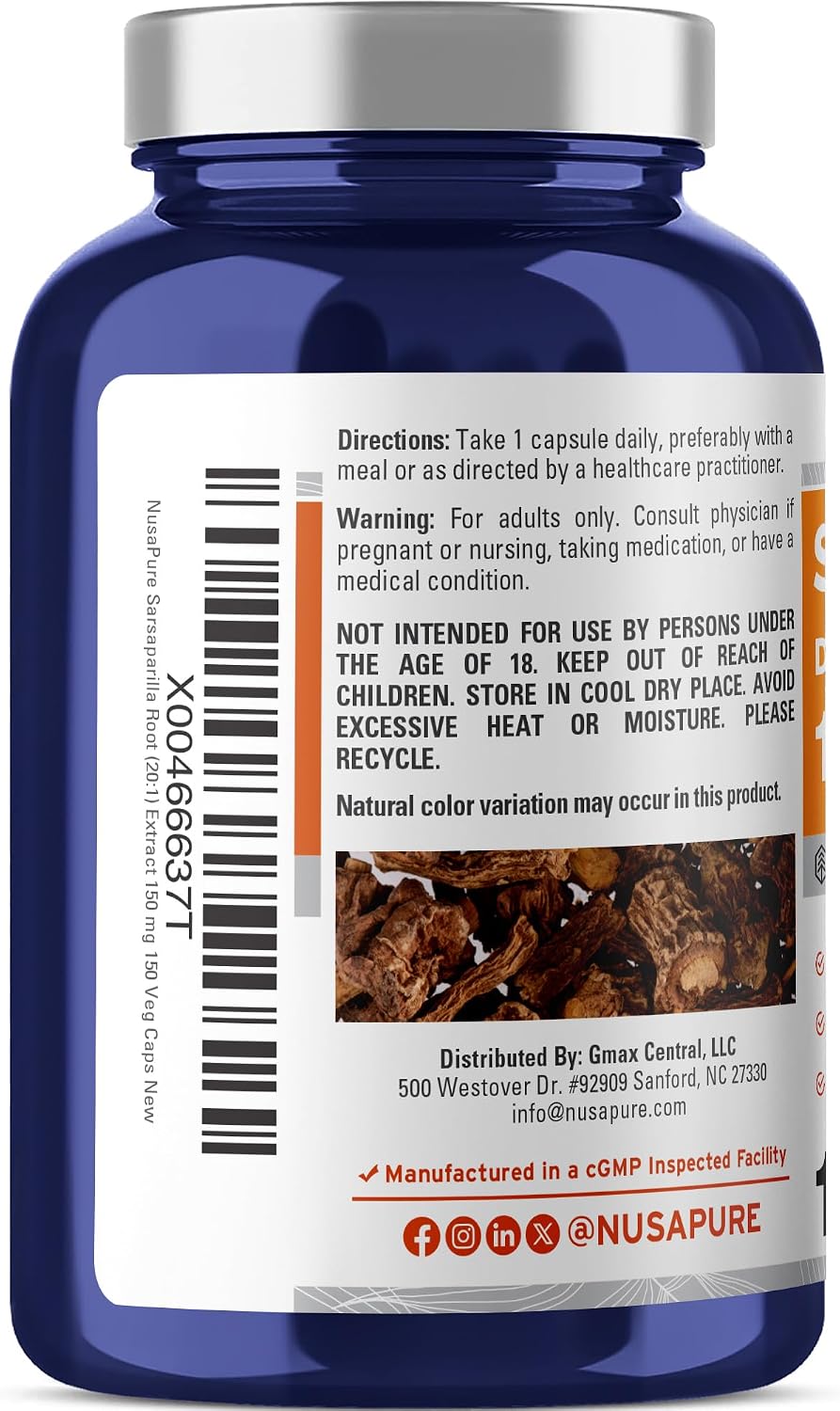 Cápsulas de Raíz de Zarzaparrilla NusaPure, 150 mg, 150 Cápsulas Veganas (No OGM, Vegano)