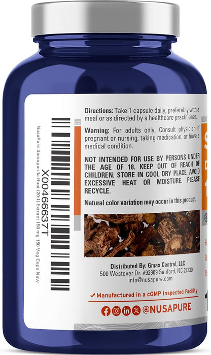 Cápsulas de Raíz de Zarzaparrilla NusaPure, 150 mg, 150 Cápsulas Veganas (No OGM, Vegano) – Image 3
